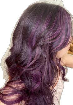 Hair Color Violet Purple, Brown And Purple Balayage, Purple Strands In Brown Hair, Purple And Brunette Hair, Violet Highlights In Brown Hair, Hair Inspo Color Purple, Grape Violet Hair Color, Purple In Brown Hair, Violet Hair Highlights