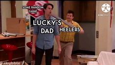 two men standing next to each other with the words lucky's dad helpers