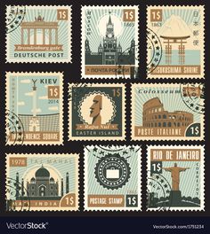 postage stamps with different countries on them