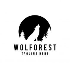 the wolf logo is black and white, with trees in front of it that reads'wolf forest tagline here '