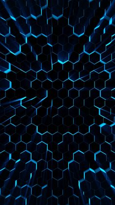 an abstract blue background with hexagonal shapes in the center and light beams at the end