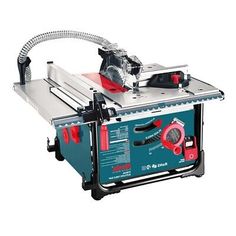 a table saw with a red and black handle