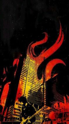 a man with a guitar standing in front of a fire and flames background that looks like a city