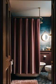 Luxurious bathroom with a dark coral shower curtain and matching vanity against dark tile walls. Moody Small Bathroom, Maroon Bathroom, Bathroom Designs Ideas