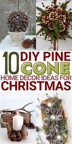 pine cone decorations for christmas with text overlay that reads, 10 diy pine cone home decor ideas for christmas