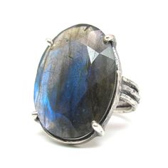 Silver & Stone Ring - Hand-crafted from three bars of  hammered silver, this one-of-a-kind statement ring boasts a gorgeously-faceted indigo blue labradorite. Size 9. Labradorite Ring Silver, Silver Stone Ring, Professional Gifts, Ring Hand, Artful Home, Labradorite Ring, Wall Sculpture Art, Blue Labradorite, Hammered Silver