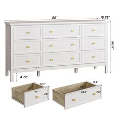 a white dresser with drawers and measurements