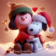 a cartoon character hugging a dog on top of a snow covered ground with christmas decorations