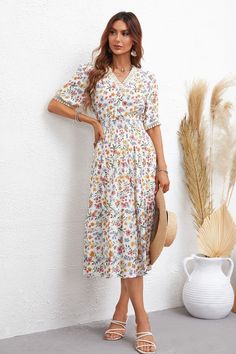 Women Dress Best Short Sleeve Printed Dress – Cloth Arlo Elegant V-neck Midi Dress With Ditsy Floral Print, Floral Print Short Sleeve V-neck Dress For Day Out, Spring A-line Flowy Midi Dress, Floral Print Sundress V-neck For Day Out, Spring Garden Party V-neck Maxi Dress, Spring Floral Print Maxi V-neck Dress, Fitted Floral Print V-neck Dress For Spring, Chic Spring V-neck Dress For Garden Party, Multicolor V-neck Boho Dress For Garden Party