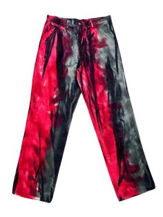 a pair of red and black tie dye pants on a white background with clippings