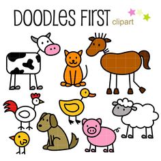 doodles first clipart animals and farm animals are shown in this hand drawn illustration