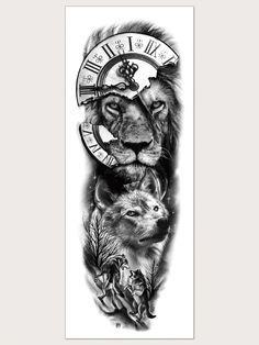 a black and white photo of a lion with a clock on it's face