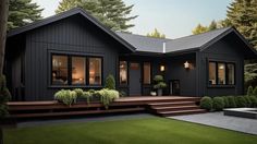 a black house with lots of windows and steps leading up to the front porch area