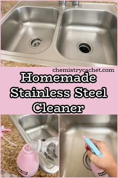 a collage of photos showing how to clean a stainless steel sink with cleaning products