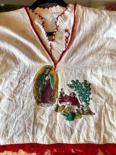 "Vintage Embroidered Cotton Mexican Top with Mother of Guadalupe Size Small Women's Measurements 17\" Shoulder 15\" Top Sleeve Length 35\" Bust and Waist 20\" Length in Back In good used condition. See all photos." Mother Of Guadalupe, Mexican Top, Mexican Culture Art, Mexican Fashion, Mexican Outfit, Mexican Women, Jersey Outfit, Mexican Culture, Vintage Mexican