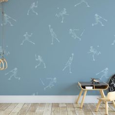 Batter's Up (Blue) Wallpaper by Wall Blush SM01 in a stylish children's room, with playful sports theme. Wall Blush, Baseball Wallpaper, Playroom Wallpaper, Baseball Wall, Concrete Wallpaper, Peel And Stick Vinyl, Toddler Bedrooms, Sports Lover, Home Run