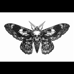 a black and white drawing of a butterfly with skulls on it's back wings