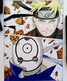 a drawing of naruto with blue eyes and an eyeball on his face