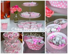 pink and white polka dot cupcakes are displayed in different stages of the day