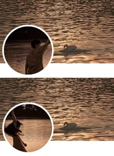 two pictures of a person throwing a frisbee in the water