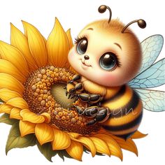 a cute little bee sitting on top of a sunflower