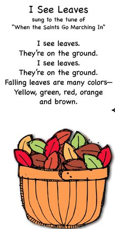 an orange basket filled with lots of fruit next to a poem about leaves and berries