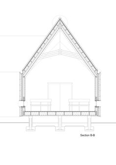 a drawing of a house that is in the shape of a triangle with two benches on each side