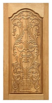 an ornate wooden door with carvings on the front and side panels, made out of wood