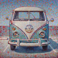 a painting of a vw bus parked in a parking lot