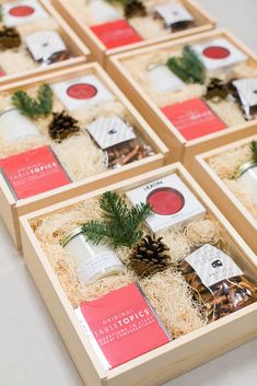 four wooden boxes filled with different types of food