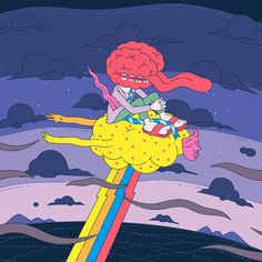 a cartoon character riding on top of a rainbow colored object in the sky with clouds