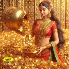 a woman is pouring gold coins into a bowl and wearing a red sari with her hands