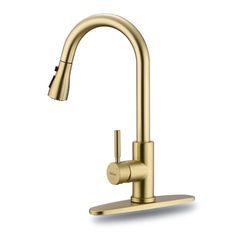 the brass kitchen faucet is shown on a white background