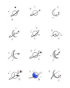 the planets and stars are drawn in different ways, including one with an arrow on it