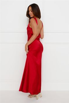 Length from shoulder to hem of size S: 143cm. Chest: 40cm. Waist: 37cm. across front only of size S. Maxi dress. Unlined. Model is a standard XS and is wearing size XS. True to size. Non-stretch. Satin. High neckline. Open back. Cowl detail to back. Zipper with hook eye closure. Cold hand wash only. Polyester. This captivating maxi dress is everything you could want. The Classy Entrance Satin Slip Maxi Dress features a high neckline. an open back with a cowl detail and a gorgeous silky satin fabrication. Style with heels and curls. Slip Maxi Dress, Maxi Dress Red, Satin Slip, Stretch Satin, Hook Eye, Classy Dress, Dress Red, High Neckline, Red Dress