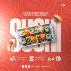 an advertisement for sushi is shown on a red and white background