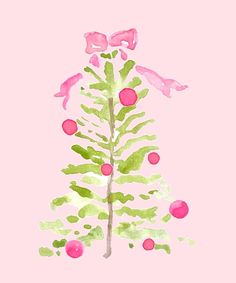 a watercolor painting of a christmas tree with pink and green ornaments on it's branches