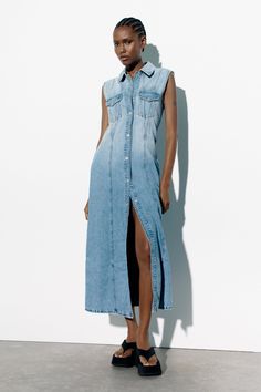 DENIM TRF DRESS - Light blue | ZARA United States Zara Dresses 2023, Sleeveless Collared Dress, Zara Short Dress, Vintage Denim Dress, Strapless Dresses Short, Sleeveless Denim Dress, Nylon Dress, Draped Midi Dresses, 2023 Ss