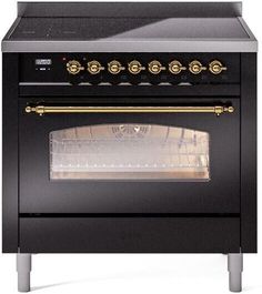 a black stove top oven with gold trimmings on the front and side doors