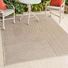 an outdoor rug with two chairs and a table in front of some plants on the ground