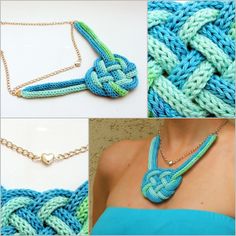 four pictures of different types of necklaces with chains attached to them, including one in blue and the other in green