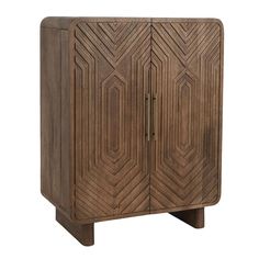 a wooden cabinet with geometric designs on the front and bottom, against a white background