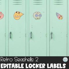 several lockers with stickers on them and the words retro seashells 2