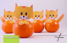 three oranges with cutouts of cats on them sitting in front of each other