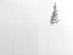 two drawings of trees are shown in black and white, one is drawn on paper