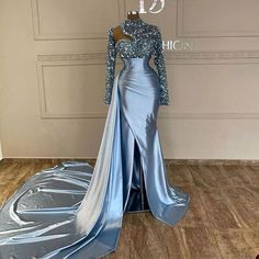 Shiny Sequined Mermaid Evening Dresses Women High Neck Shoulder Party Gown Hollowed Out Side Train Pleated Prom Dress, Side Split Prom Dress, Prom Dress With Split, High Neck Prom Dress, African Styles, Dress With Split, Mode Turban, Braut Make-up, Glamour Dress