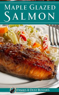 the cover of maple glazed salmon with rice and vegetables is shown on a white plate