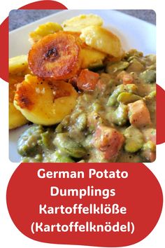 German potato dumplings with a creamy vegetable stew, garnished with crispy fried potatoes. Potato Dumplings Recipe