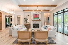 a living room filled with furniture and a fire place in the middle of a room