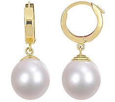 Bring subtle elegance to your personal style by donning these drop hoop earrings decorated with cultured South Sea pearls that stand out in glowing detail. From Affinity. Gold Jewelry Earrings, Yellow Gold Jewelry, Sea Pearl, South Sea Pearls, Pearl Types, Sea Pearls, Huggie Earrings, Yellow Gold Earring, Pretty Earrings